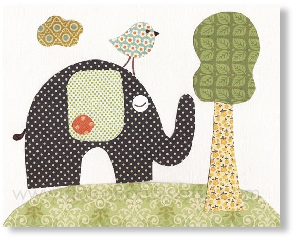 Nursery print, childrens art print, kids room decor, Elephant Birds, In Good Company 8x10 print by GalerieAnais