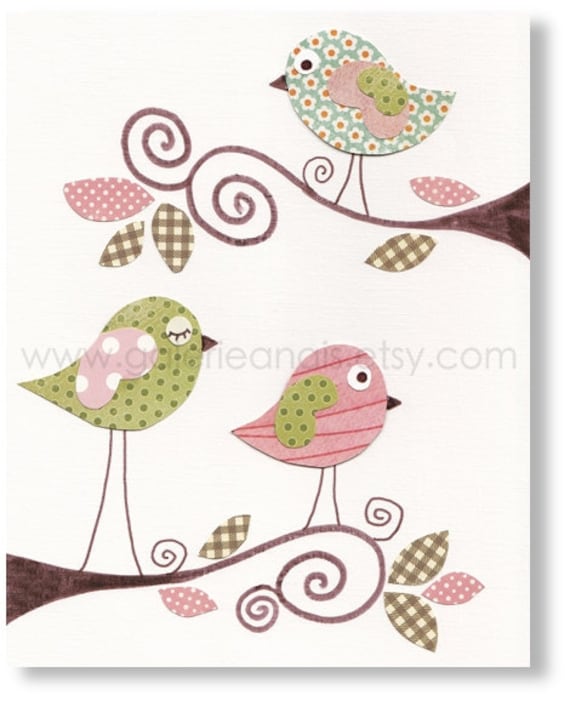 Nursery prints, baby nursery art, Baby Girl Room Nursery Decor, Birds Pink Green, Sweet Day 8x10 print, by GalerieAnais
