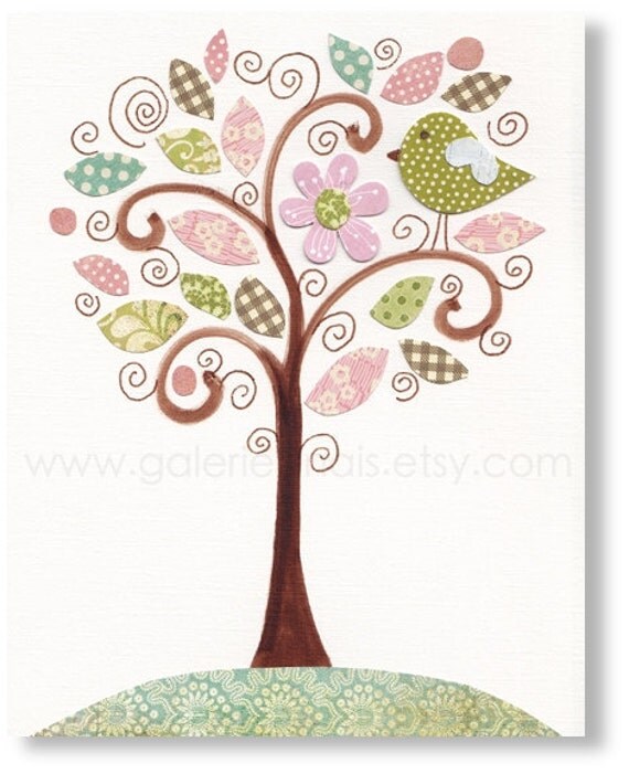 Nursery art prints, baby nursery decor, nursery art, Birds Tree Pink, Magnifique 8x10 print from Paris by GalerieAnais
