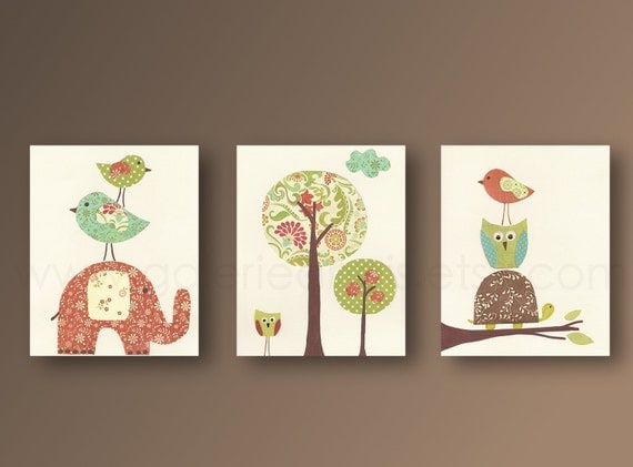 Nursery wall art, nursery art, baby nursery, kids room decor, owl, elephant, birds, woodland, tree, Set of 3, 8 x 10 Prints Beautiful Day