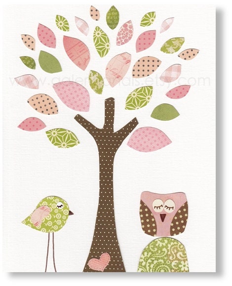 Nursery art prints, baby nursery decor, nursery wall art, personalized, kids tree, nursery birds, owl, Tree Of Love 8x10 print