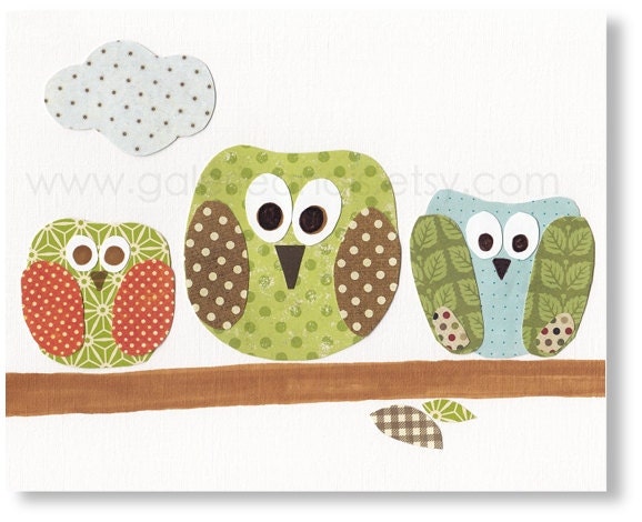 Nursery art, baby nursery decor, nursery wall art, nursery bird, kids art, baby art, nursery owls, Set of 3, 11x14 Prints - Les Hiboux