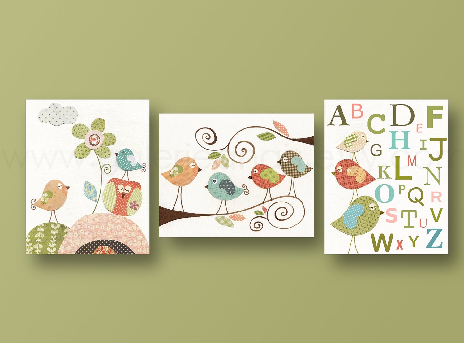 Nursery art print, nursery decor, baby nursery, kids art, kids room decor, nursery wall art, owl, birds, alphabet,  Set of 3, 8x10 prints