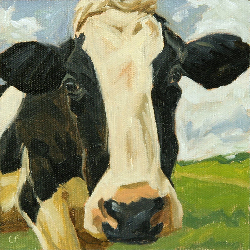 Cow painting, giclee on canvas print with gallery wrap, 12x12, from an original oil painting, "Stand and Stare"