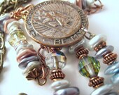 Vintage religious Rosary Necklace St Christopher  FREE SHIPPING Series Devotion to the Cross Pearl and Peacock Crystal