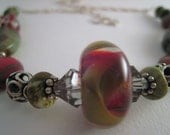 Summer green Statement  Necklace Oxblood Salsa Red sterling Lampwork Glass Beaded