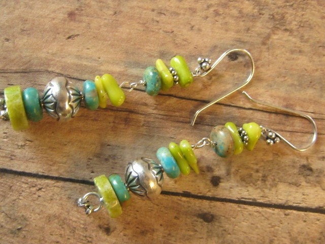 Turquoise Southwestern Kiwi Jade Santa Fe Sterling Beaded  Earrings