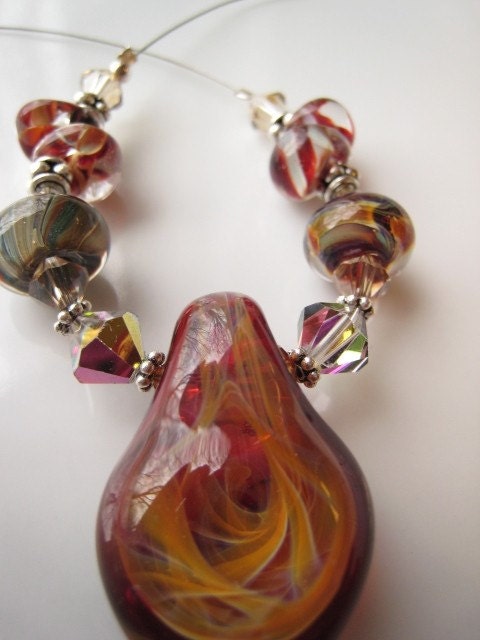 Pendant Choker Necklace  KALEIDOSCOPE OF COLOR Reds, Greens, Sunny Yellow , Red,
