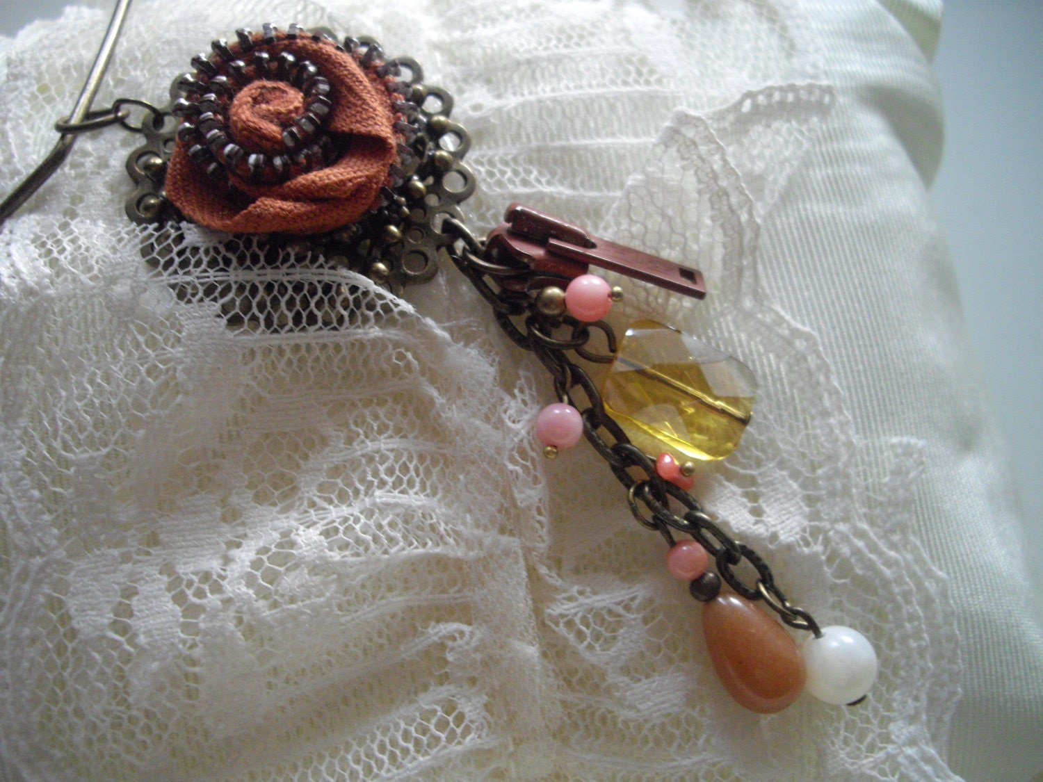 Nutmeg Vintage Zipper Necklace Pendant Handmade One Of A Kind