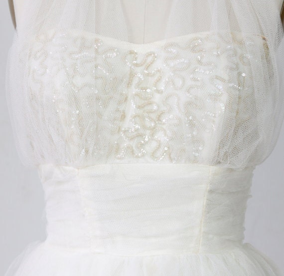 Reserved for Cheryl 1950s Tulle Sequin Halter Wedding Cream Dress VIntage