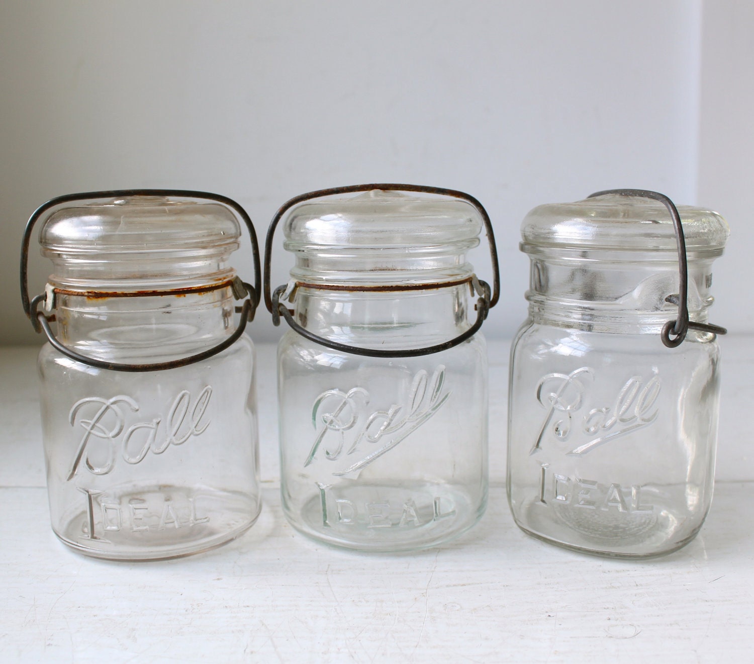 vintage Ball fruit jars. Set of 3 canning / lightning jars in pink tint, green tint, and clear. Wedding decor, farmhouse kitchen