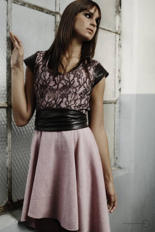 Kayla dress in light orchid cotton with lace overlay and faux leather accents