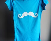 Black Friday / Cyber Monday SaleMustache T-Shirt -  Fitted, Hand Dyed Turquoise Blue with White Screen Print - Womens Medium