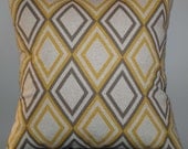 New 18x18 inch Designer Handmade Pillow Case in taupe and yellow diamond pattern.