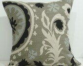 New 18x18 inch Designer Handmade Pillow Case. Suzani print in ivory, black, olive, and light blue.