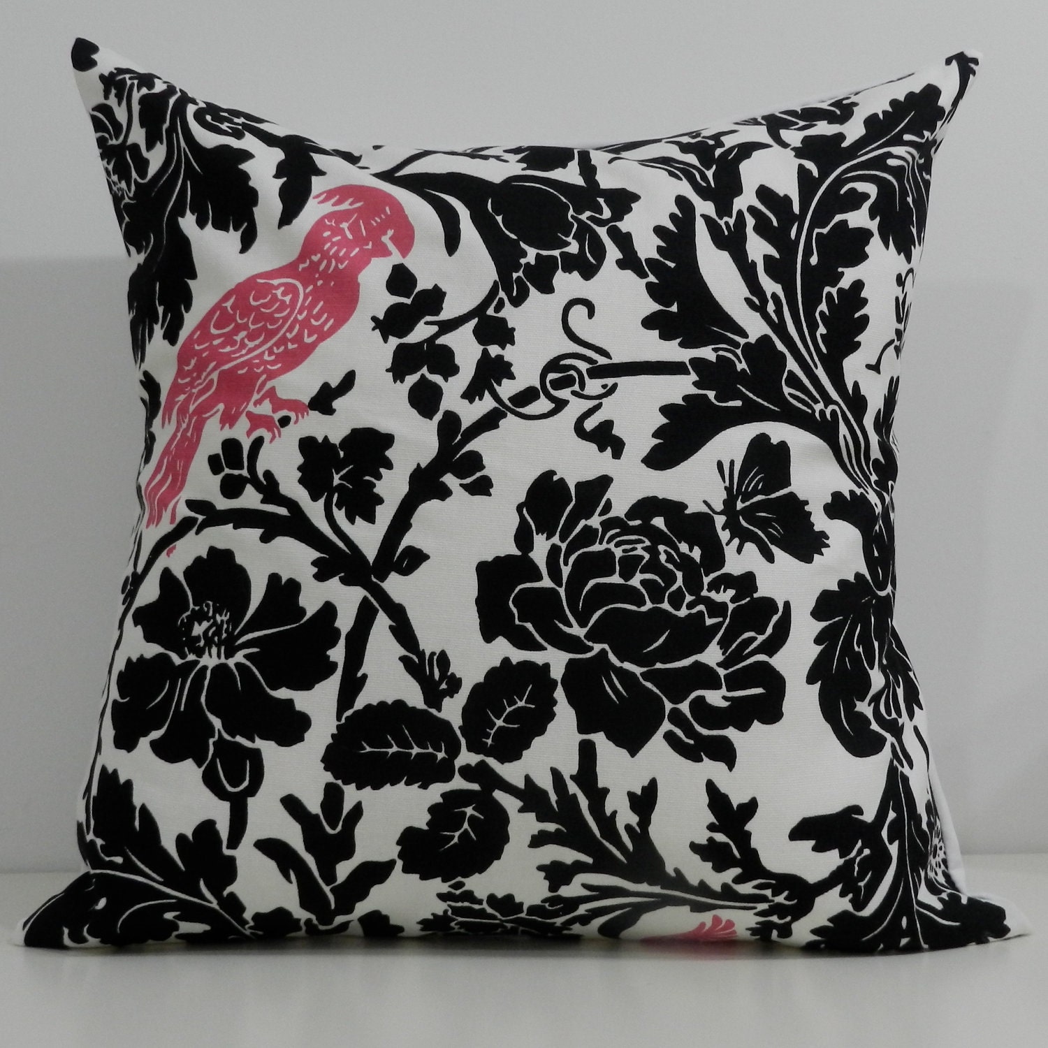 New 18x18 inch Designer Handmade Pillow Case. Black floral with pink bird.