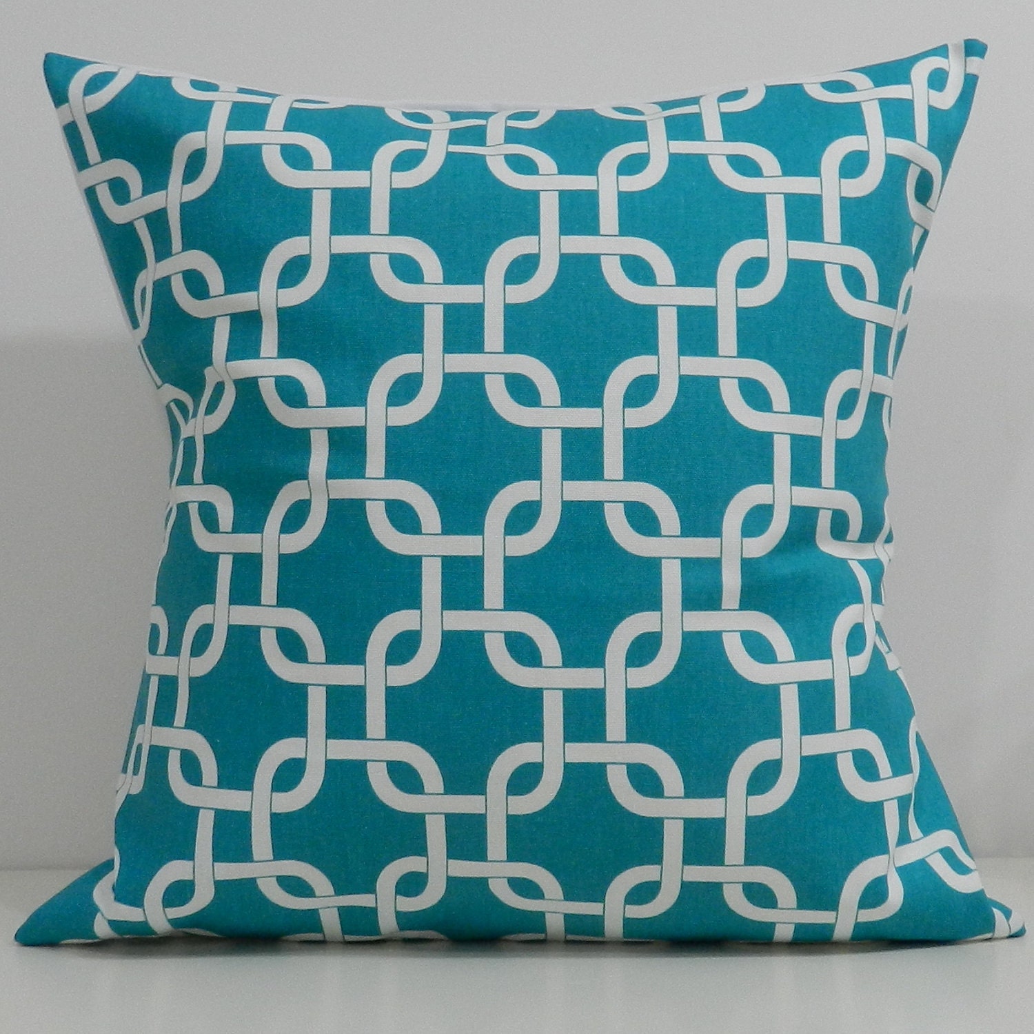 New 18x18 inch Designer Handmade Pillow Cases. Aqua white link pattern.