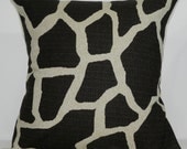 New 18x18 inch Designer Handmade Pillow Case in Giraffe dark drown on natural colored textured fabric.