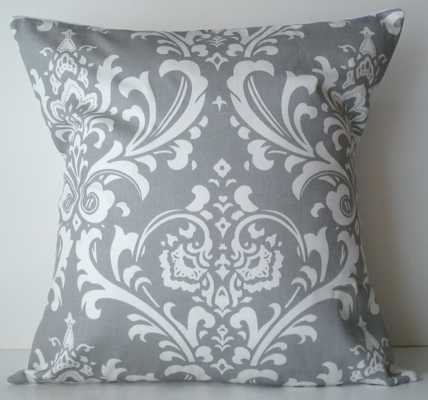New 18x18 inch Designer Handmade Pillow Case. Large damask in grey and white fabric.