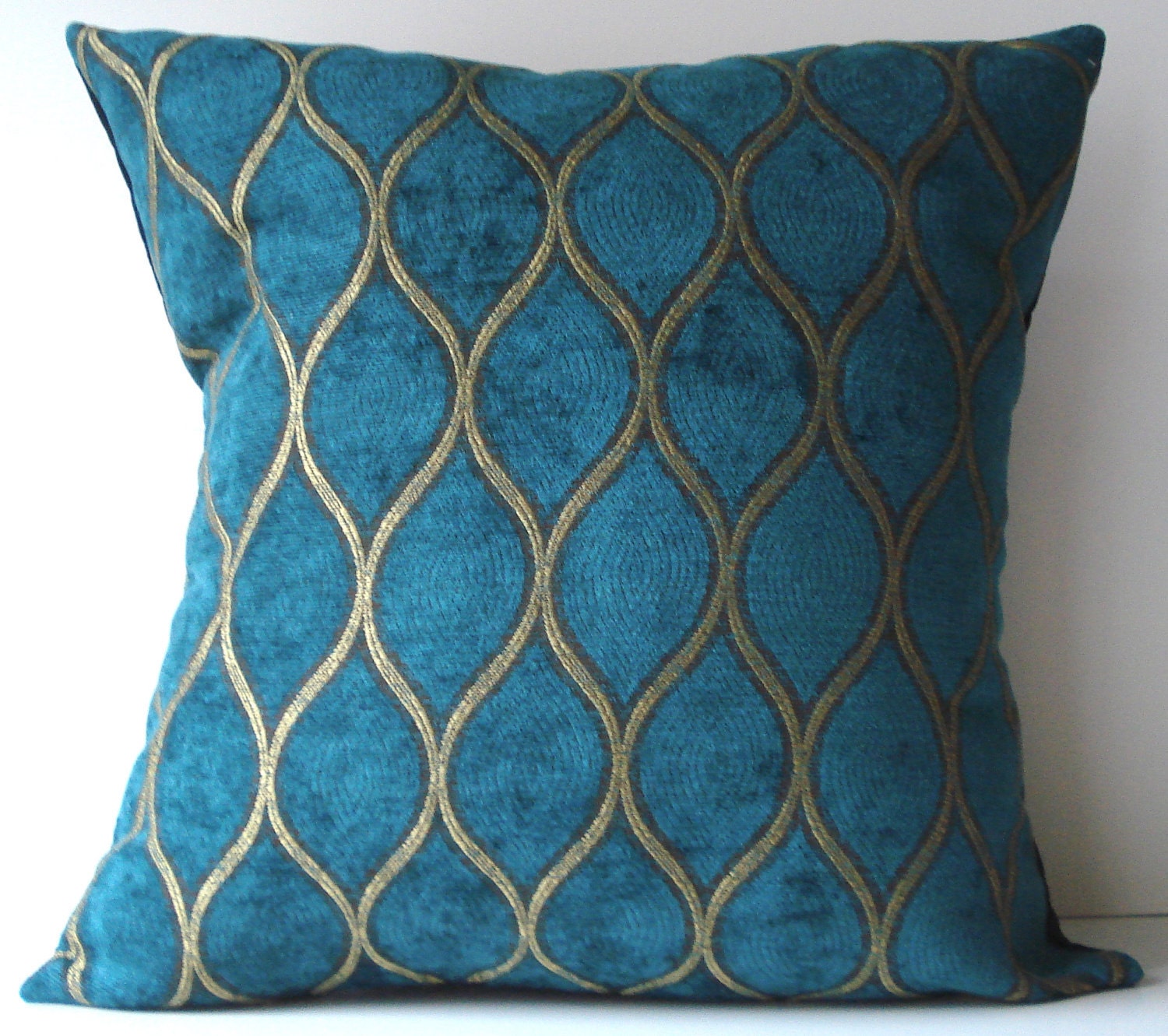 New 18x18 inch Designer Handmade Pillow Case. peacock blue and gold textured fabric
