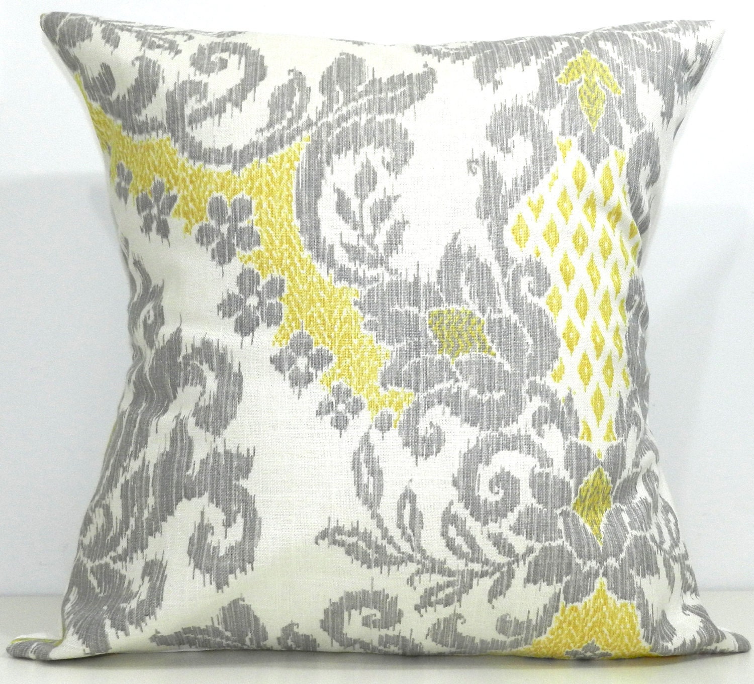 New 18x18 inch Designer Handmade Pillow Case in yellow cream and grey ikat