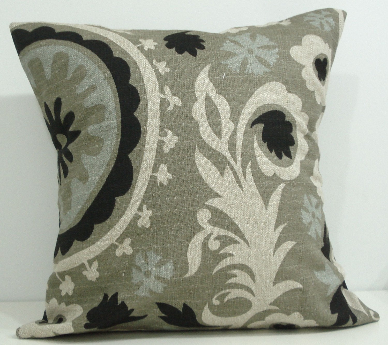 New 18x18 inch Designer Handmade Pillow Case. Suzani print in ivory, black, olive, and light blue.