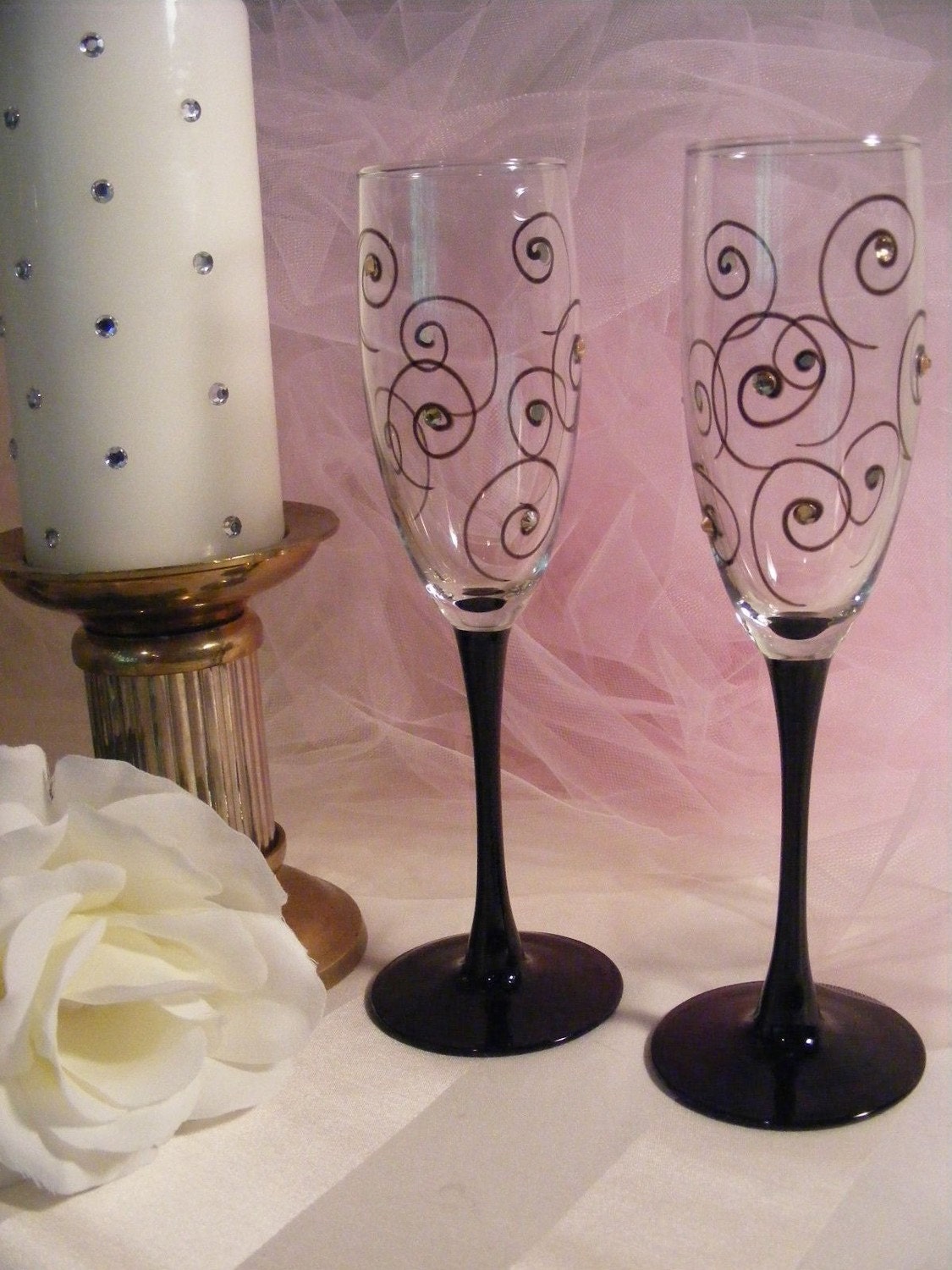 painted black stem toasting champagne flutes with swarovski crystals and swirls -for bride and groom, or any special occassion