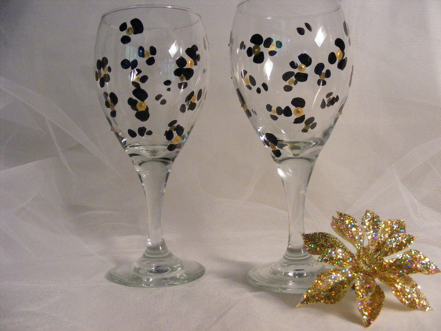 READY TO SHIP pair of handpainted leopard print wine glasses -- perfect for bridesmaids or wedding party