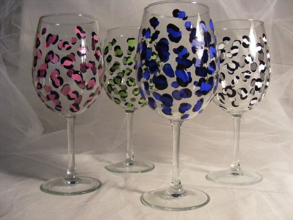leopard wine glasses in assorted colors- large 18oz oversize wine glass. Can be personalized for birthday or bridesmaids