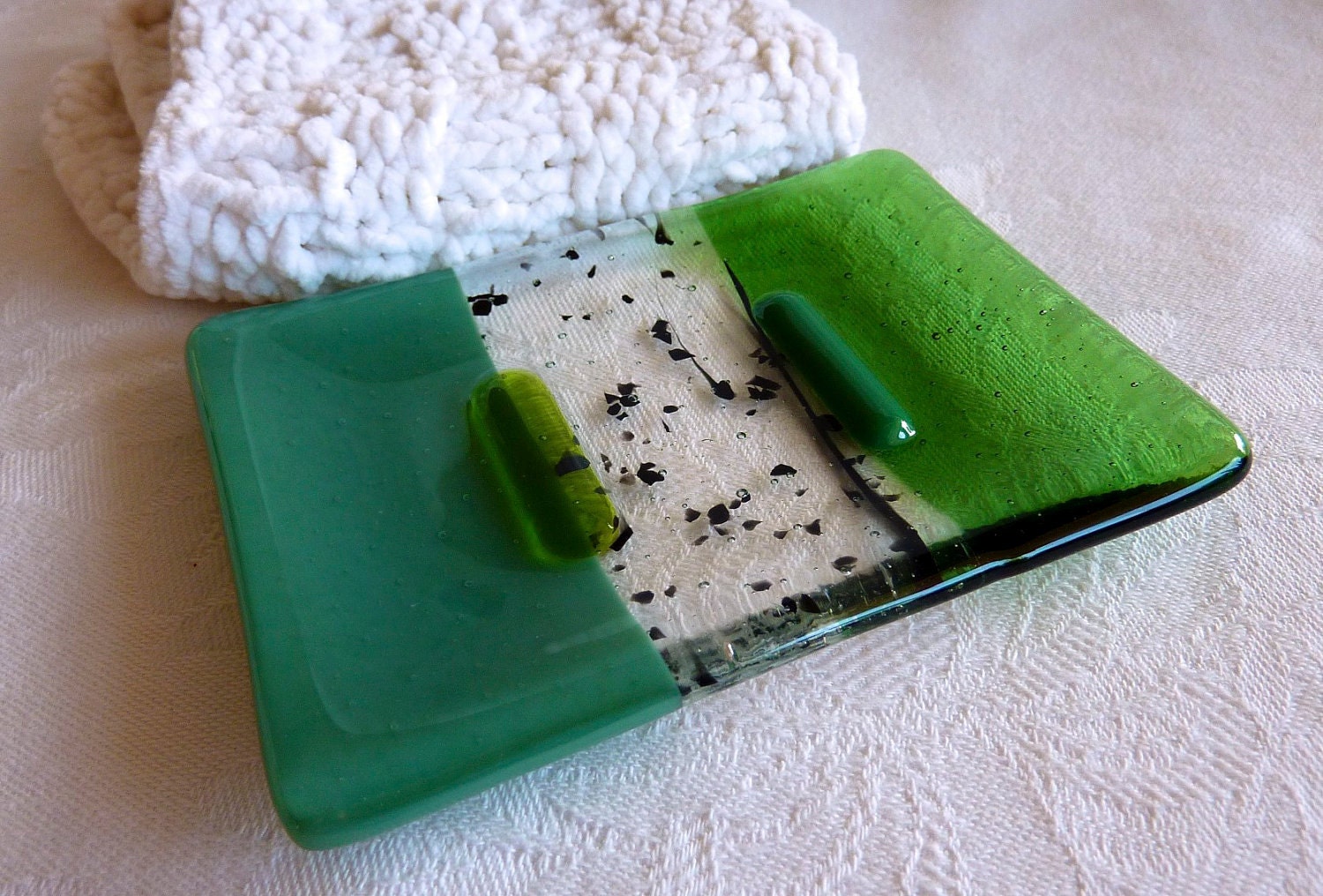 Glass Soap Dish in Mineral and Light Green