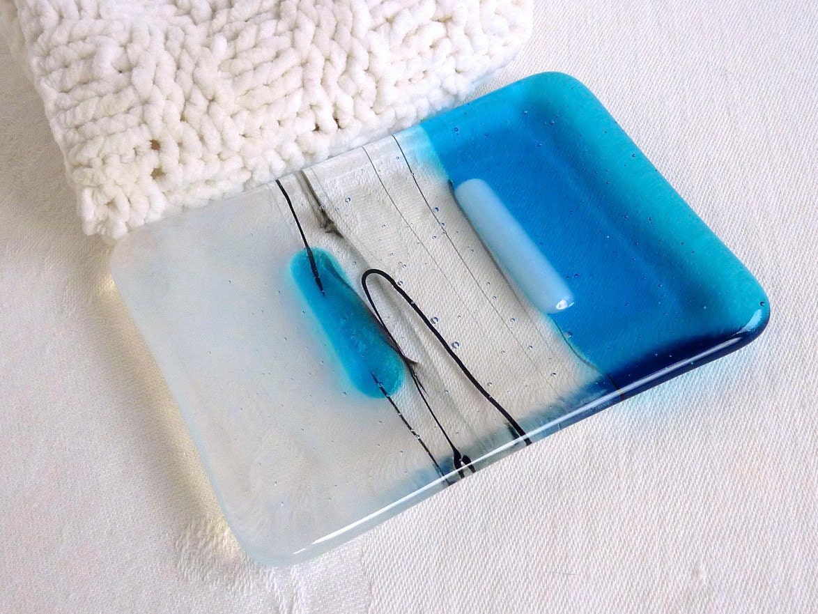 Glass Soap Dish in Turquoise and Streaky White