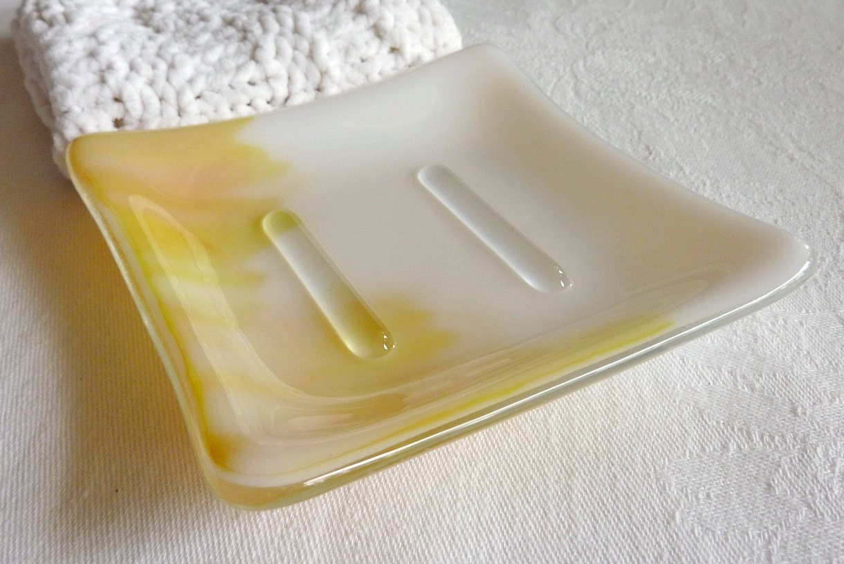 Square Soap Dish in White and Yellow Streaky Glass