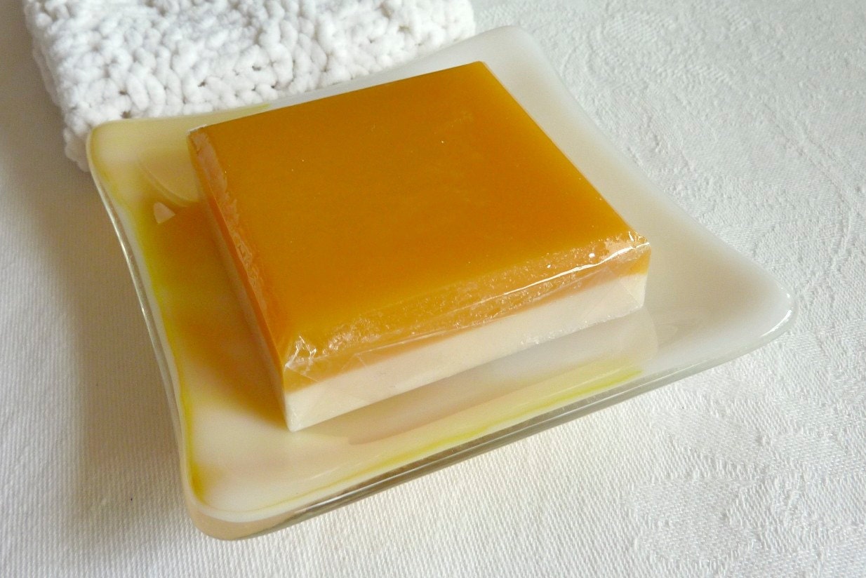 Square Soap Dish in White and Yellow Streaky Glass