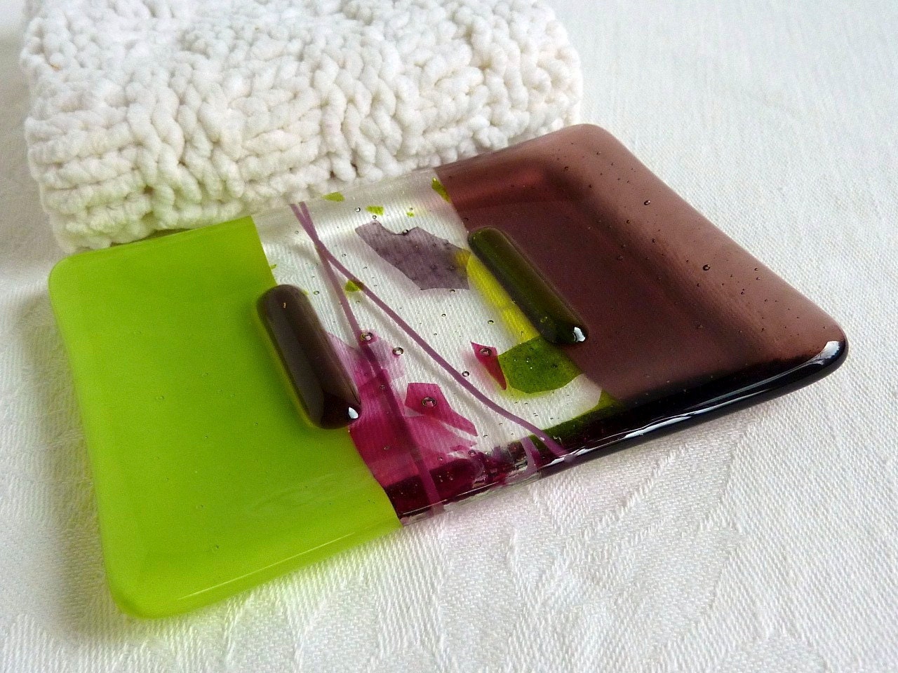 Glass Soap Dish in Spring Green and Violet