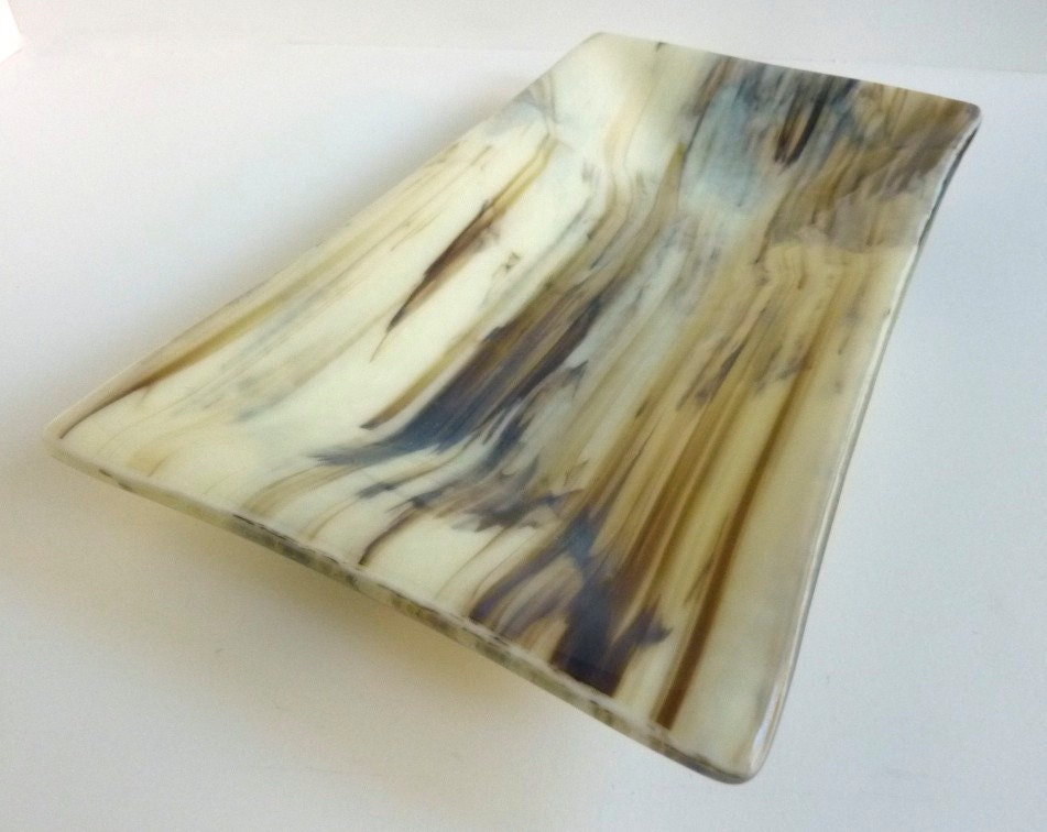 Rectangular Fused Glass Dish in French Vanilla and Brown