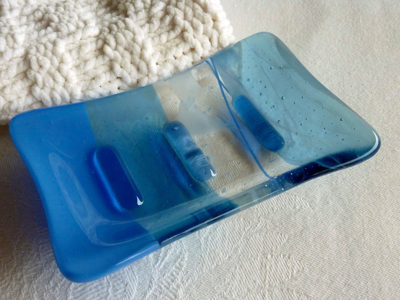 Glass Soap Dish in Periwinkle and Streaky Steel Blue