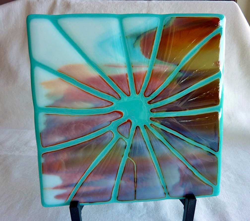 Fused Glass Art Plate in Turquoise, Brown, and White
