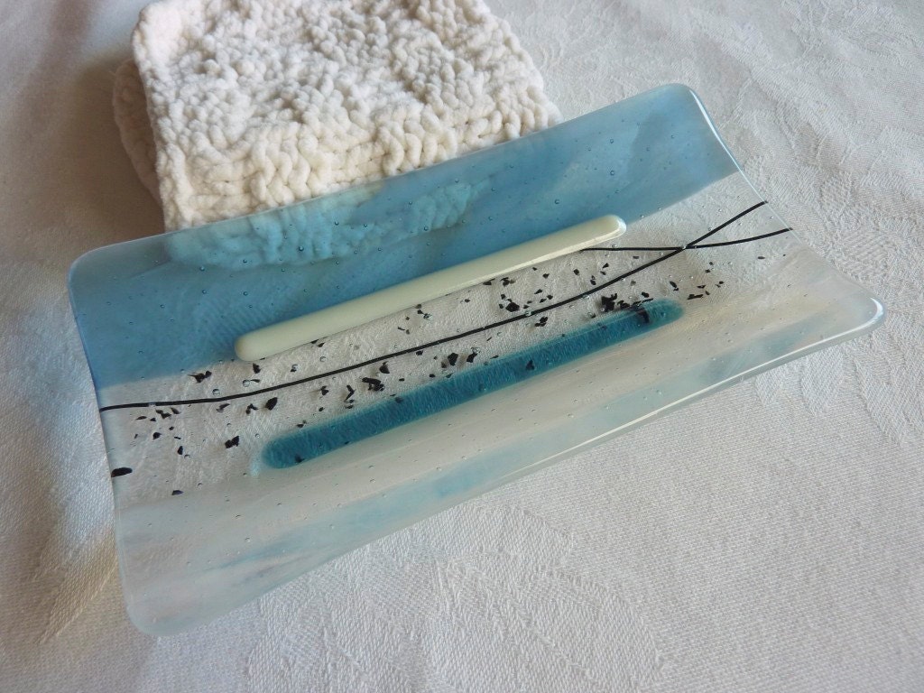 Large Soap Dish in White and Steel Blue Streaky Glass