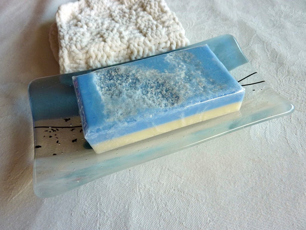 Large Soap Dish in White and Steel Blue Streaky Glass