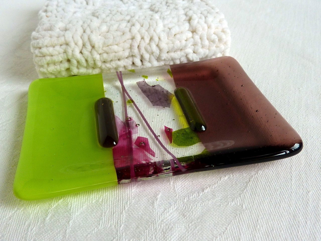 Glass Soap Dish in Spring Green and Violet
