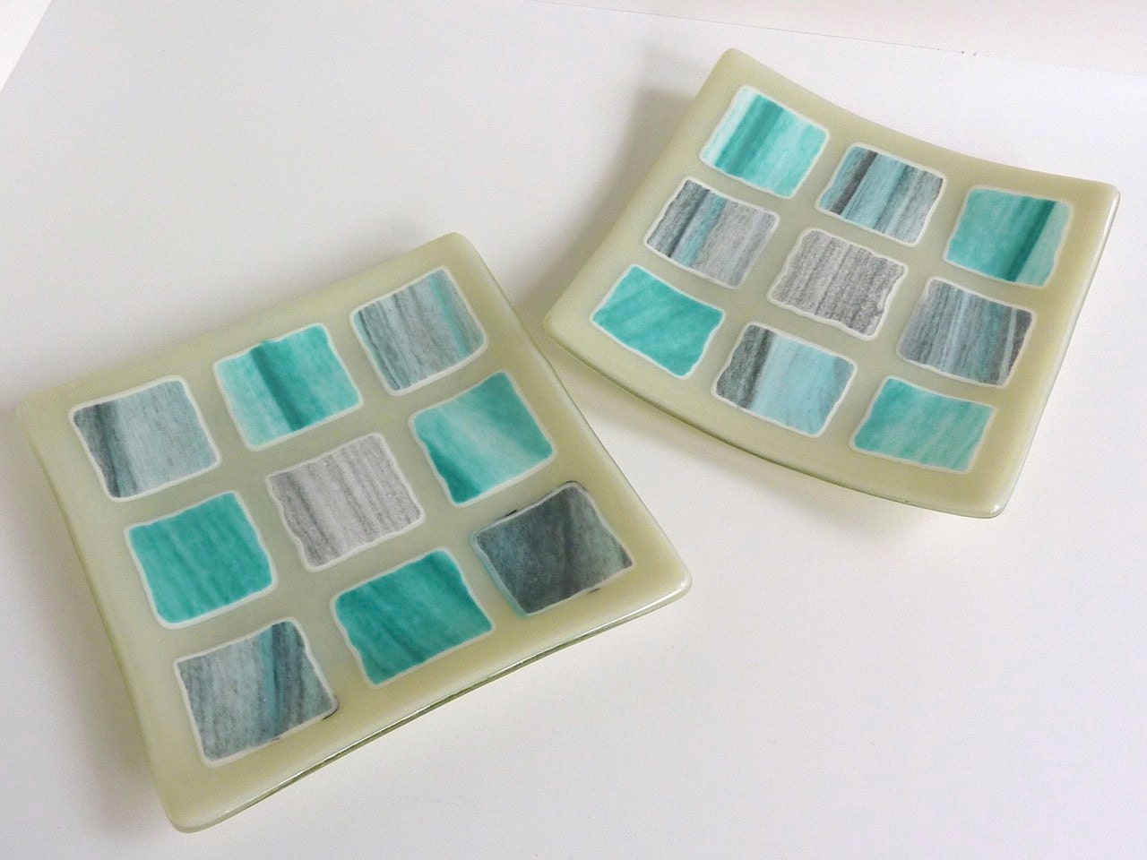Fused Glass Art Plate in Shades of Aqua and Gray