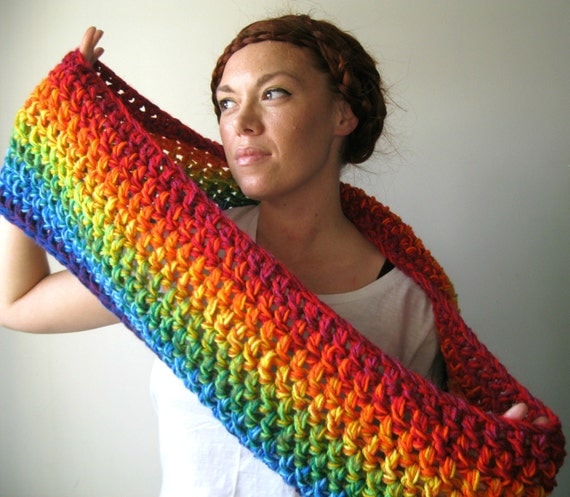 Double Rainbow Circle Scarf. Extra Chunky Infinity Cowl.