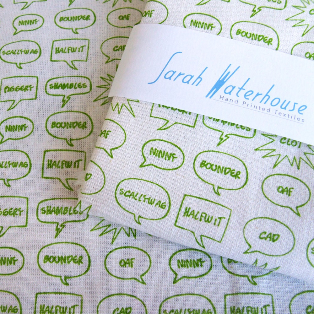 Hand printed Fabric English Insults design, Organic Cotton and Hemp