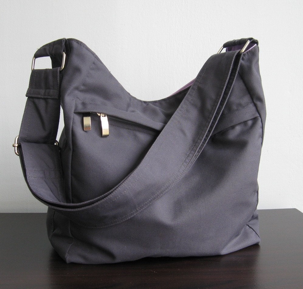 Sale - Dark Grey Cotton Twill Mini Hobo Bag with Zipper Closure and Adjustable Strap - Faye