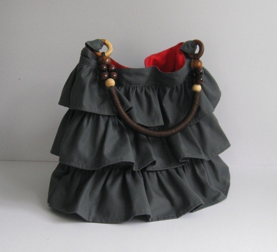 Sale - Grey Cotton Twill Ruffle Bag with Beads Strap - Tote / Handbag / Shoulder bag / Women - JUSTINE