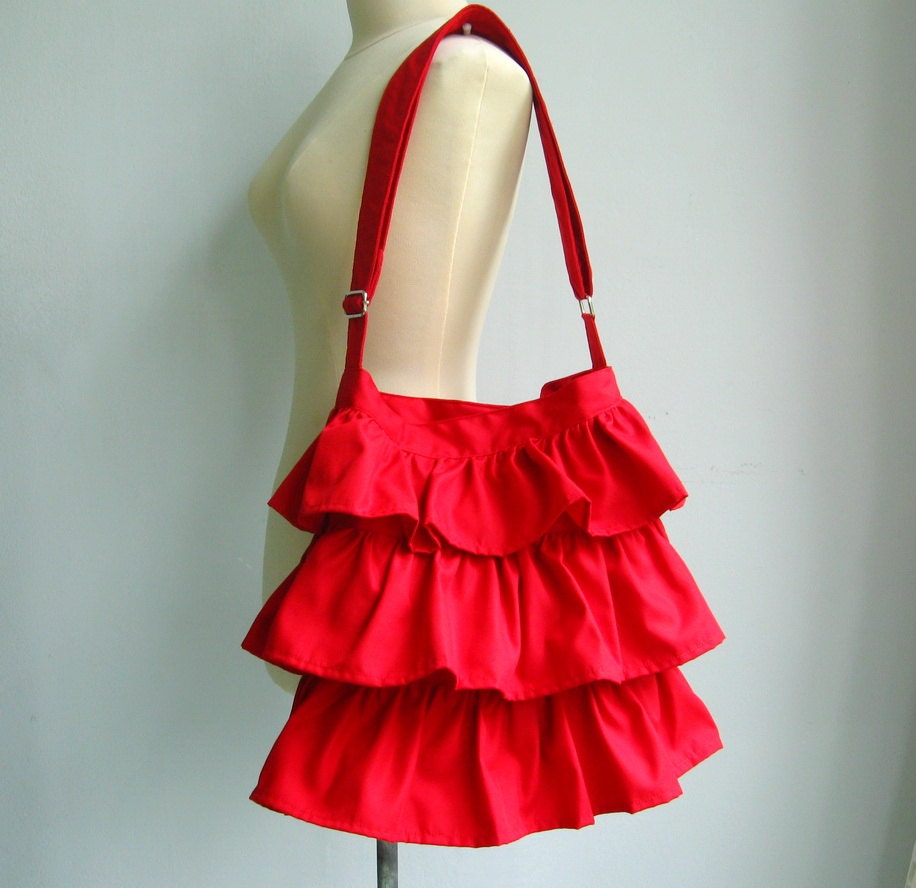 Sale - Red Cotton Twill Ruffle Bag, messenger bag, diaper bag, tote, handbag, shoulder bag, women