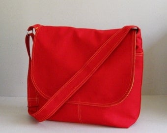 Sale - Red Cotton Twill Messenger Bag, tote, shoulder bag, school bag, travel bag, purse, overnight