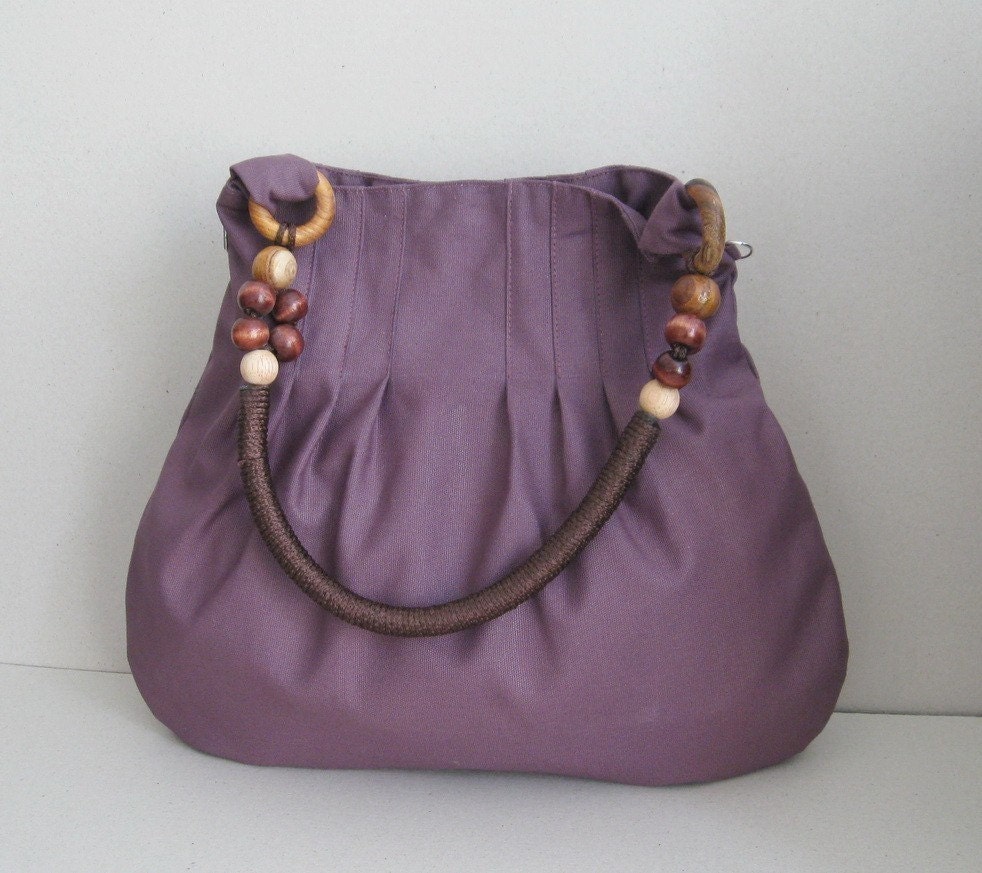 Sale - Plum Canvas Bag With Rope Beads Strap, shoulder bag, handbag, tote, purse, unique, durable