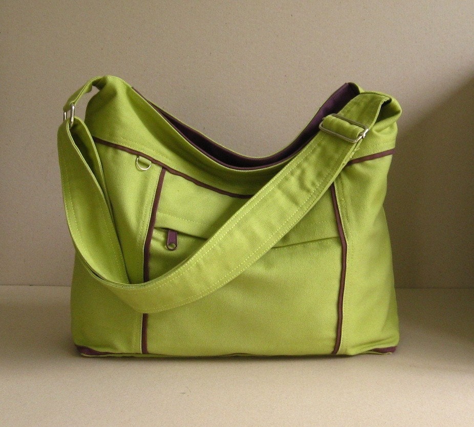 Sale - Pear Canvas Messenger Bag - diaper, tote, purse, zipper pockets, stylish - Kira