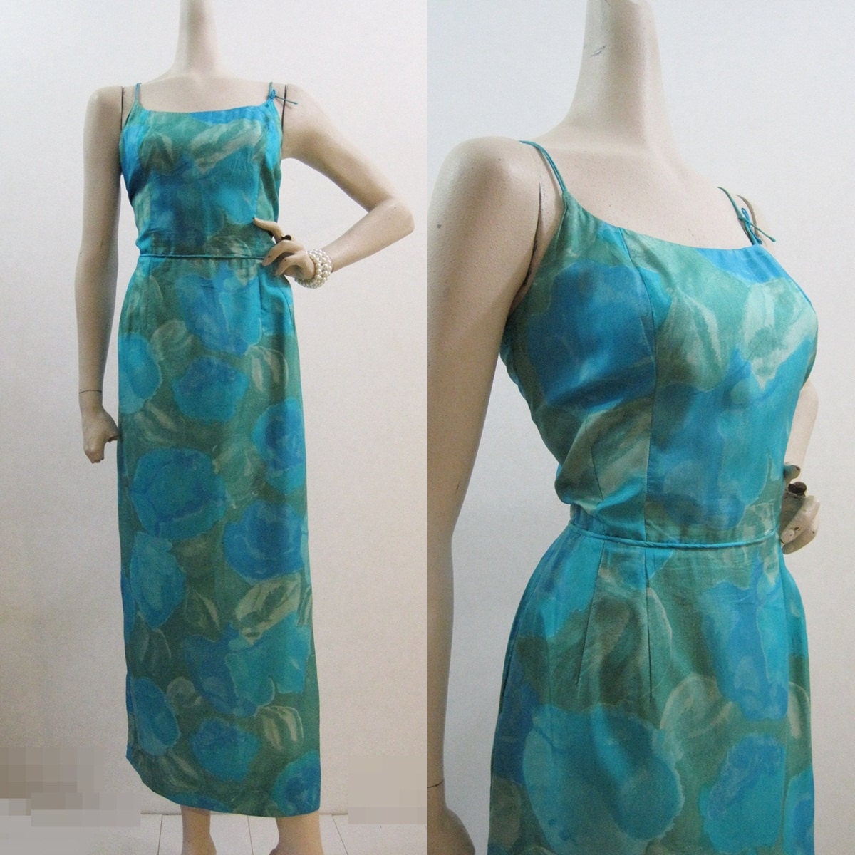 60s Dress Vintage Watercolor Floral Tropical Silk Maxi Gown M L
